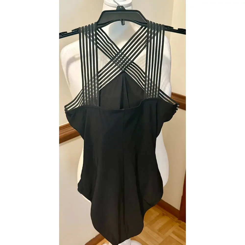 Aqua Green Black One-Piece Swimsuit Strappy Mesh Neckline Women's Large